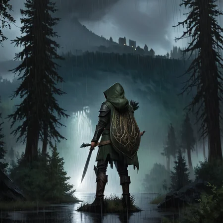 Masterpiece,absurd resolution,8k,high resolution,
<lora:SkyrimLandscapes:0.8>,
skyrimlandscapes, tree, outdoors, rain, scenery, forest, nature, cloud, sky, cloudy sky, from behind, 1other, holding, hood, standing, ambiguous gender, 1boy, staff, weapon