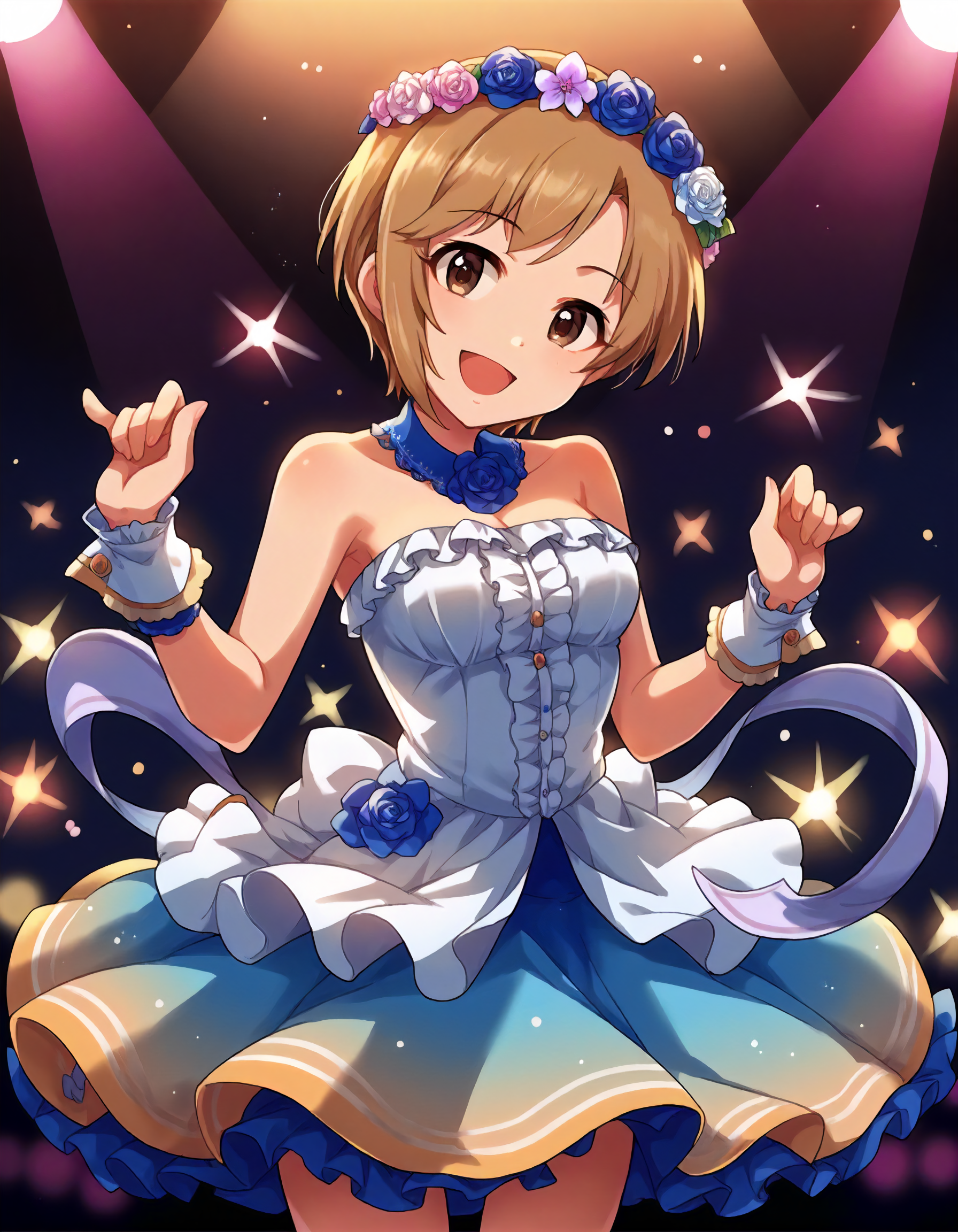 score_9,score_8_up,score_7_up,1girl,solo,cowboy shot,looking at viewer,smile,open mouth,stage lights,
<lora:aibayumi_ponyXLV6:0.8>,cgaym,
blonde hair + brown hair,short hair,brown eyes,
flower crown,strapless dress,wrist cuffs,frills