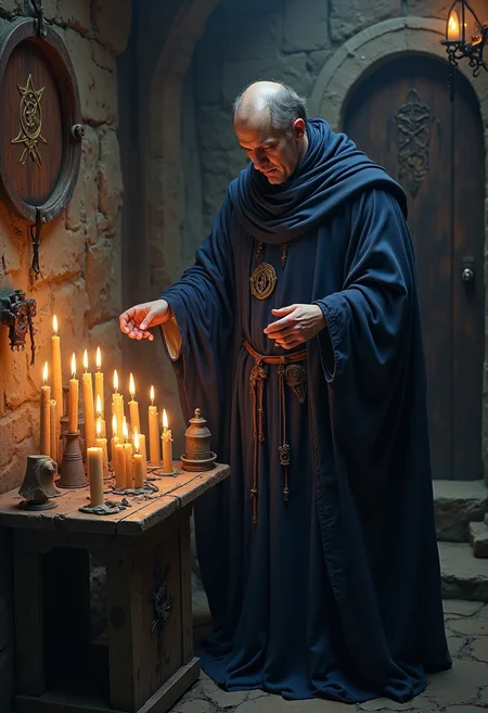 Brother Dunnykin, a robed figure from the Elucidated Brethren of the Ebon Night, stands in a dim, secret chamber within Ankh-Morpork, his face lit by the flickering glow of "the candles of carelessness." His expression is one of fervent concentration, brows furrowed as he carefully lights each candle, casting shadows that dance ominously against the stone walls. The candles themselves are unsettling, their flames casting an oddly chaotic light that seems to grow brighter and more erratic as he continues. Around him, arcane symbols and ritual artifacts rest on a crude altar, with the entire scene exuding an air of reckless mysticism and dark purpose. Brother Dunnykin's robes are deep indigo, adorned with faint, cryptic patterns, and his posture hints at the strange zeal that fuels the secretive brethren.