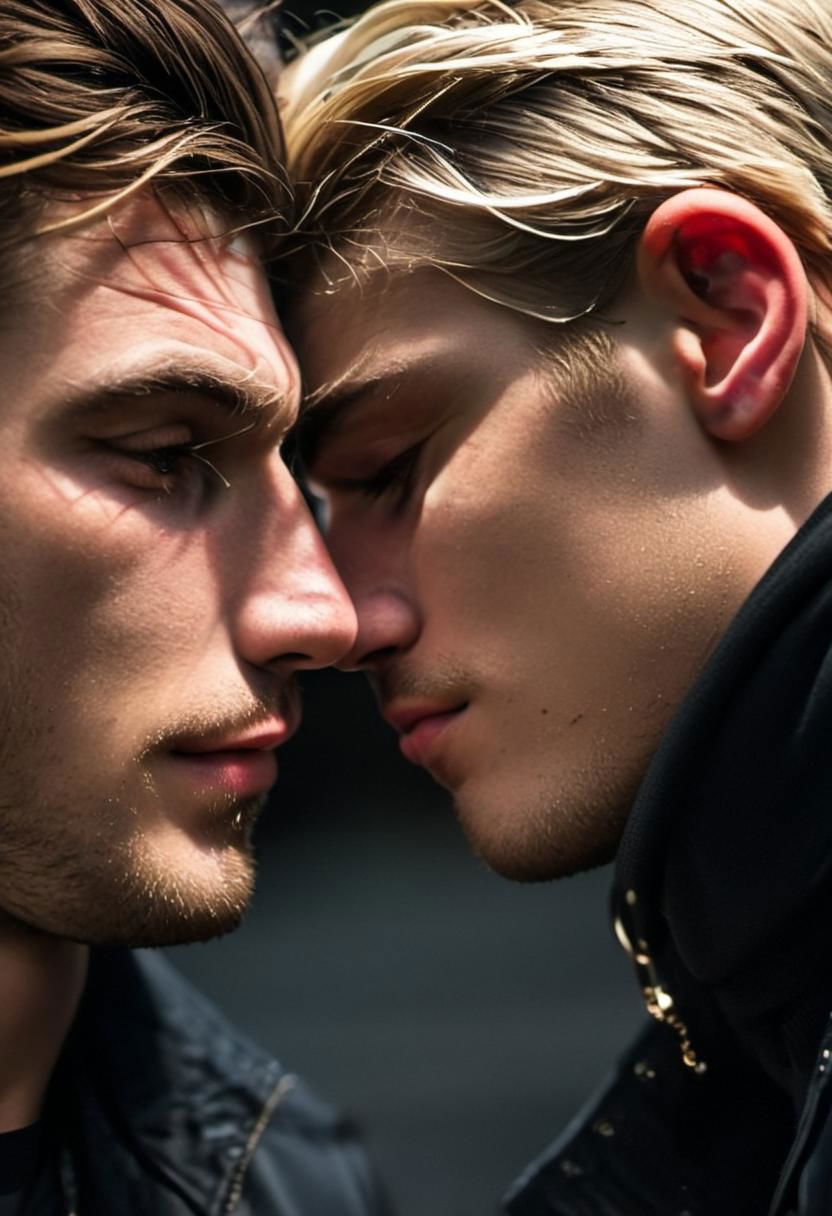 kyle ross, male focus, 2men, two handsome 18yo platinum blonde twinks embracing and kissing, close up of faces kissing, holding each other from behind, hugging from behind, face focus, dynamic posture, dramatic angle, camera angle from below, shirtless, stubble, hands on hip, black dog collar, black neck collar, long chain necklace, shirtless, kinky,
skinny muscled, slender muscled, skinny, slender features, narrow shoulders, detailed armband tattoo, cute face, boyish face, perfect biceps, bicep veins, bulging veins, defined veins, great pecs, thin waist, angular face, strong and powerful, sporty, predatory look, feathered hair, long hair, shoulder length hair, great detail, satisfaction, blue eyes, bubble butt, small ass, small butt, tight shorts, 
(Masterpiece, high quality:1.3), masterpiece, depth of field, bokeh, detailed, homoerotic, (homoerotic), highly detailed, sharp focus, intricate, smooth, elegant, fantasy, cinematic lighting, cinematic, masterpiece, matte, photorealistic, 4k, beautiful, volumetric lighting, dramatic, photo-realistic, life-like, high detail, lighting, 8Knematic lighting, 8K, contrast lighting, contrasting lighting, cinematic lighting,