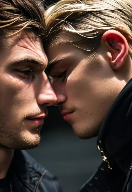 kyle ross, male focus, 2men, two handsome 18yo platinum blonde twinks embracing and kissing, close up of faces kissing, holding each other from behind, hugging from behind, face focus, dynamic posture, dramatic angle, camera angle from below, shirtless, stubble, hands on hip, black dog collar, black neck collar, long chain necklace, shirtless, kinky,
skinny muscled, slender muscled, skinny, slender features, narrow shoulders, detailed armband tattoo, cute face, boyish face, perfect biceps, bicep veins, bulging veins, defined veins, great pecs, thin waist, angular face, strong and powerful, sporty, predatory look, feathered hair, long hair, shoulder length hair, great detail, satisfaction, blue eyes, bubble butt, small ass, small butt, tight shorts, 
(Masterpiece, high quality:1.3), masterpiece, depth of field, bokeh, detailed, homoerotic, (homoerotic), highly detailed, sharp focus, intricate, smooth, elegant, fantasy, cinematic lighting, cinematic, masterpiece, matte, photorealistic, 4k, beautiful, volumetric lighting, dramatic, photo-realistic, life-like, high detail, lighting, 8Knematic lighting, 8K, contrast lighting, contrasting lighting, cinematic lighting,