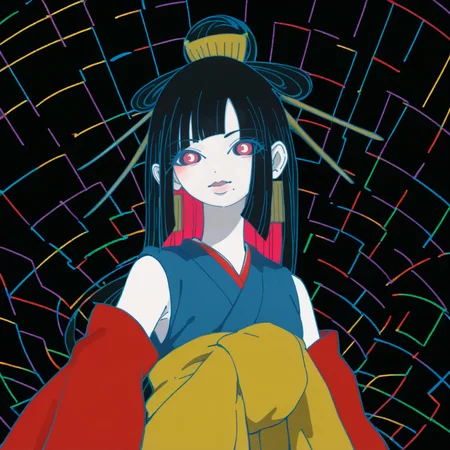 portrait pretty score_9, score_8_up, score_7_up, score_6_up, score_5_up BREAK t1u5, 1girl, mole under mouth, colored sclera, pink eyes, symbol-shaped pupils, long hair, black hair, blue kimono, sleeveless, earrings, hair stick, hime cut, sidelocks, hair ornament, colored inner hair, yellow obi, red sleeves, detached sleeves, cowboy shot, pale skin, looking at viewer, solo, <lora:tukiGirlPDXL16v0.95cametx1-000008:0.8>, (Psychedelic style:1,05), drawing, Vibrant colors, swirling patterns, abstract forms, surreal, Cubist artwork, Geometric shapes, abstract, Video Art, dramatic angle, highly detailed, slender eyes