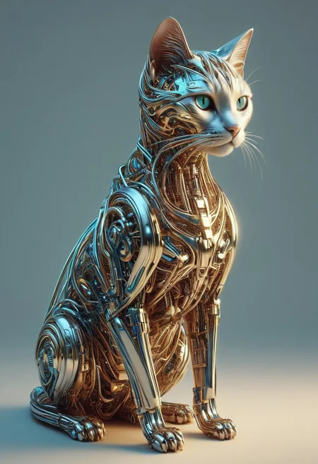 A stunning visually captivating scene of an ultrarealistic, gorgeously crafted feline robot, its sleek metallic frame gleaming under dynamic, intricately layered lighting that creates a mesmerizing interplay of light, shadow, reflection, and subtle refraction. The atmosphere is softened by a play of dreamy, diffused light, reminiscent of a slightly cartoon-inspired ethereal glow, with a subtle shimmer accentuating the edges of her form.  a gracefully elegant cat, its fur rendered with exquisite detail, from the finest strands of hair catching the light to the spark of curiosity in its luminescent eyes. The palette leans into muted metallics with hints of pastel tones—soft silvers, brushed golds, and iridescent blues—imbuing the scene with a whimsical, futuristic, yet gentle ambiance. A faint, distant hum, almost imperceptible, reinforces the serene yet slightly magical tone. Together, the robot and the animal interact with an implicit narrative of companionship, their bond highlighted in this enchanting moment balanced between realism and fantasy.