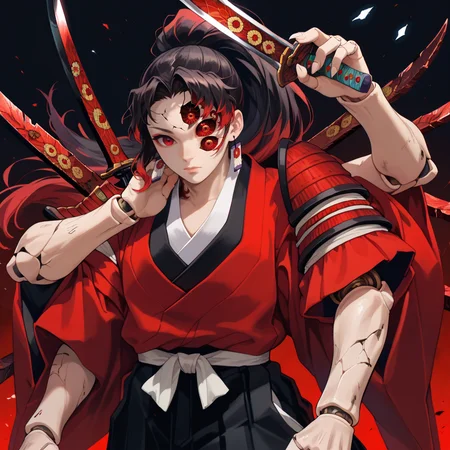 score_9, score_8_up, score_7_up, score_6_up BREAK k1t, 1boy, extra arms, six arms, cracked skin, cracked eyes, doll, doll joints, solo, red eyes, ponytail, black hair, red hair, multicolored hair, long hair, multiple claws, holding swords, claw \(weapon\), kimono, black hakama, hakama skirt, shoulder armor, earrings, looking at viewer, <lora:KokushiboPDXLv0.9tx1-000009:1>