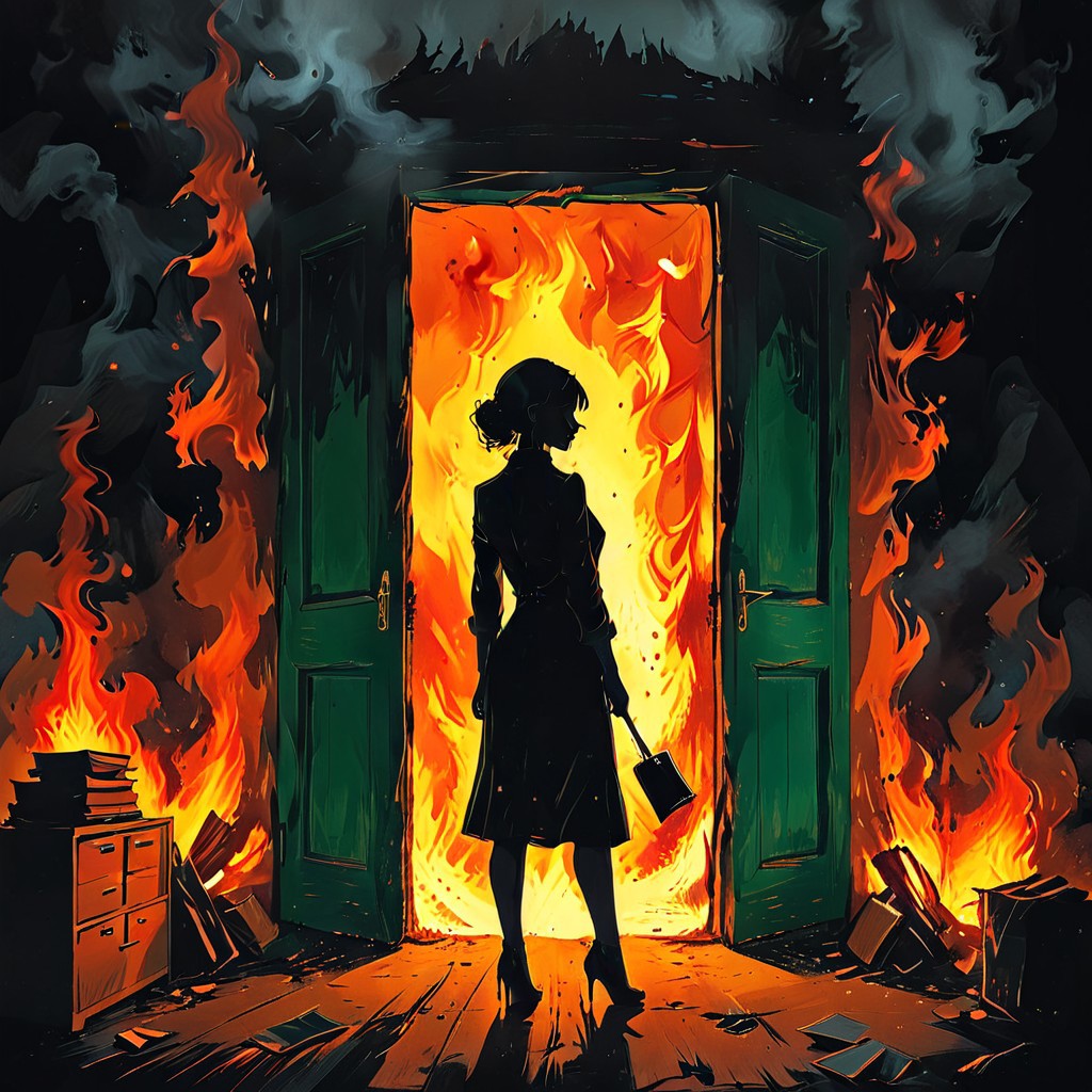 <lora:flame silhouette:1>,  <lora:flame:1>, flame,
burning office green door,
graphic style of novel comics, perfect hands, 2d,
8k, hyperrealism, masterpiece, high resolution, best quality, ultra-detailed, super realistic, Hyperrealistic art, high-quality, ultra high res, highest detailed, lot of details, Extremely high-resolution details, incredibly lifelike, colourful, soft cinematic light,