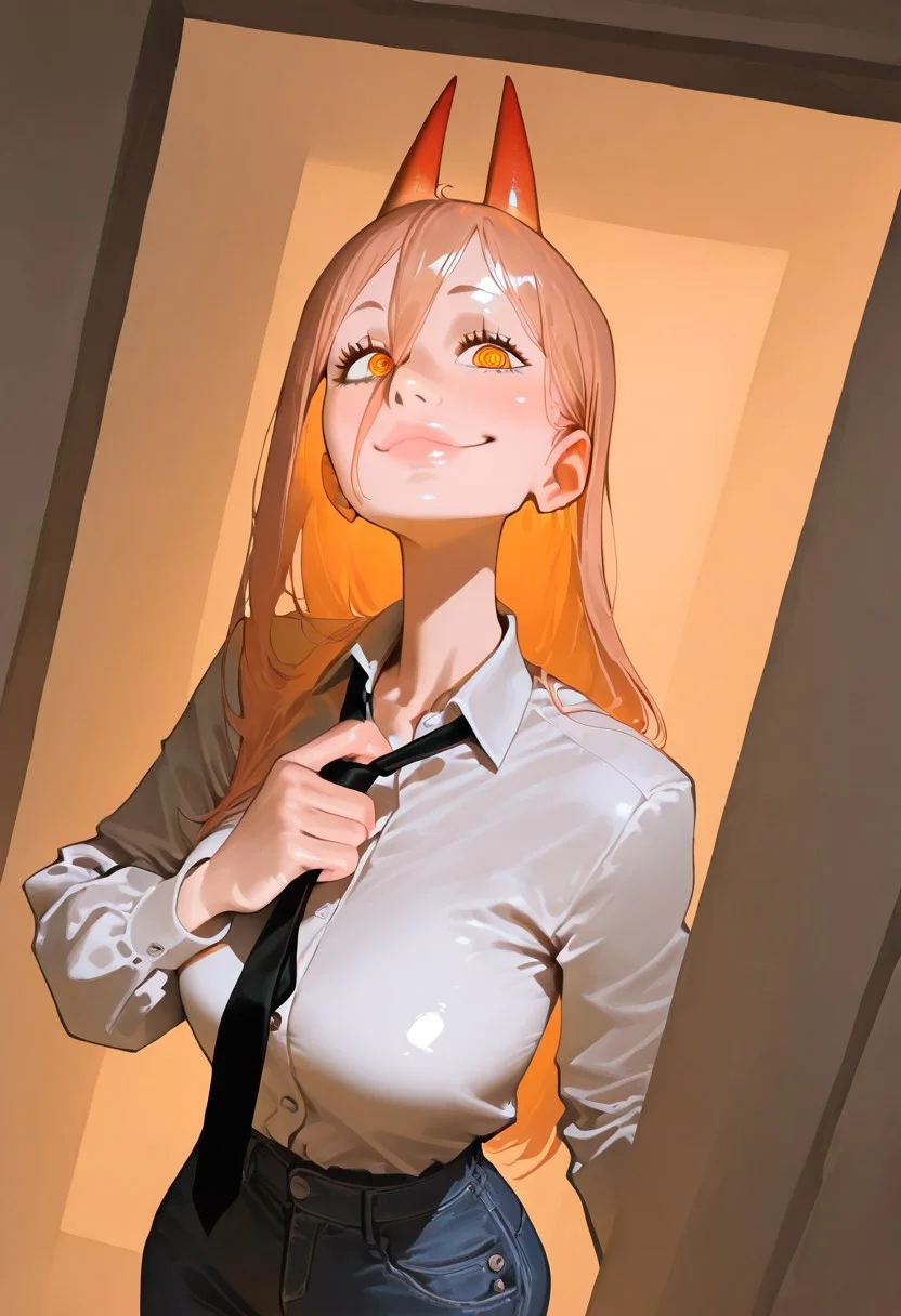 1girl, solo, power \chainsaw man\, long hair, ringed eyes, horns, white collared shirt, black necktie, jeans pants,
looking at viewer, smiling, closed mouth,
hiding, in macabre Cursed, moonlit hilltop,artist:Matsuba10,matumot,kim hyung tae,
dynamic angle, dynamic motion, creepy, horror,fenner, trippy,,absolutely eye-catching,,extremely detailed,, good composition, masterpiece, best quality, very aesthetic, very awa, absurdres, newest,
masterpiece, best quality, amazing quality, very aesthetic, absurdres, newest, , photorealistic, <lora:incase_new_style_red_ill>, ExpressiveH, orange lights, orange mood, shiny skin, black bra under clothes, beautiful lips, sexy lips, shiny lips, adjusting neck tie