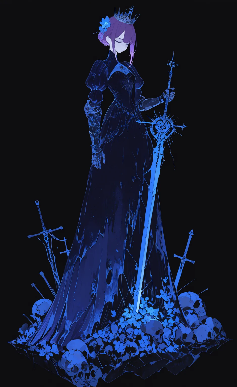 masterpiece, best quality, good quality, very awa, newest, highres, absurdres, 1girl, solo, simple background, hair ornament, dress, holding, closed mouth, standing, full body, closed eyes, purple hair, flower, weapon, puffy sleeves, sword, hair flower, holding weapon, torn clothes, blue dress, holding sword, black background, crown, gauntlets, skull, blue theme, long dress, planted, crack, planted sword, gown, limited palette, xxx667_illu,15546+456868 <lora:illustriousXL_stabilizer_v1.23:0.3> <lora:NOOB_vp1_detailer_by_volnovik_v1:0.3> <lora:ponyv6_noobE11_2_adamW-000017:0.3> <lora:114558v4df2fsdf5:0.6> <lora:XXX667:0.4> <lora:mon_monmon2133:0.5>