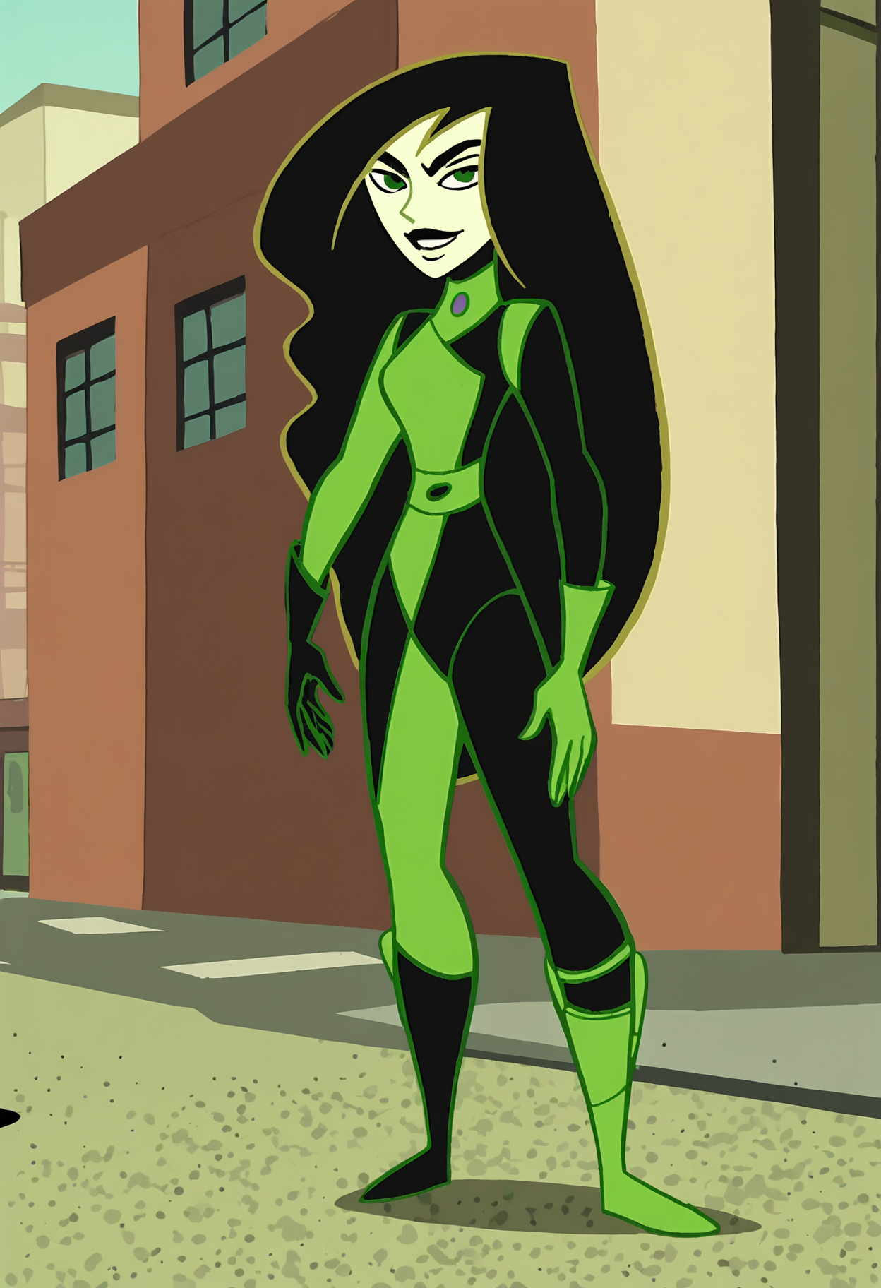 <lora:ShegoPony1.0:1>shego, 1girl, solo, long hair, black lips, black hair, green eyes, green bodysuit, green gloves,smile,  very long hair,, score_9, score_8_up, score_7_up, score_6_up, score_5_up, score_4_up, looking at viewer,outdoors, boots, full body,