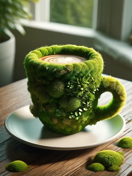 ovrgrwth, a green moss covered coffee cup on a plate <lora:ovrgrwth-sdxl:1>