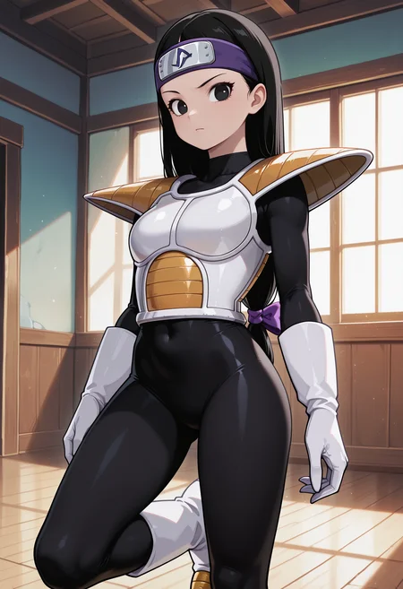 Tsch, 1girl, black hair, low-tied long hair, black eyes, purple bow, forehead protector, white saiyan armor, shoulder pad, black bodysuit, white gloves, white boots, looking at viewer, indoors, best quality, very aesthetic, masterpiece,