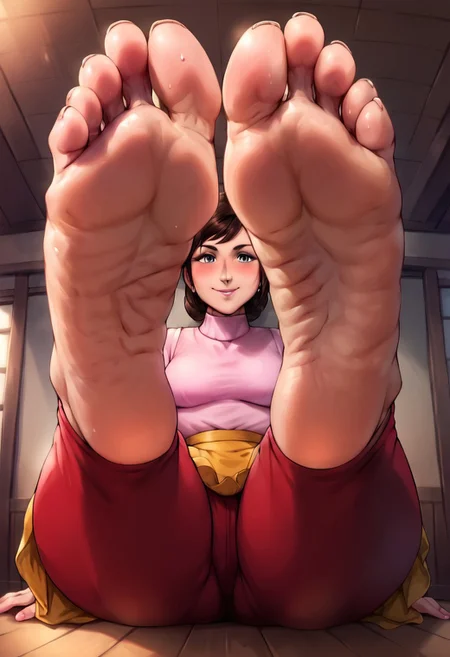 score_9, score_8_up, score_7_up, score_6_up, best_quality, source_anime 1girl, solo,
AtaruMotherUYXL, black eyes, brown hair, short hair, medium breasts, turtleneck, pink shirt, long sleeves, yellow waist apron, red pants, barefoot,
sitting on floor, living room,
(2 soles, perfect feet, realistic feet, foot focus:1.3),
looking at viewer, elegant pose, detailed sole, sweaty sole, wrinkled sole,
front view, from below, soft lighting,
blushing, motherly, gentle smile, bashful, eyes looking at viewer,, looking downward, (face on view), OPEN_SOLE_TUNNEL, RED_TOENAILS, foreshortening, wide feet, (4 toes on both feet)
zPDXL3