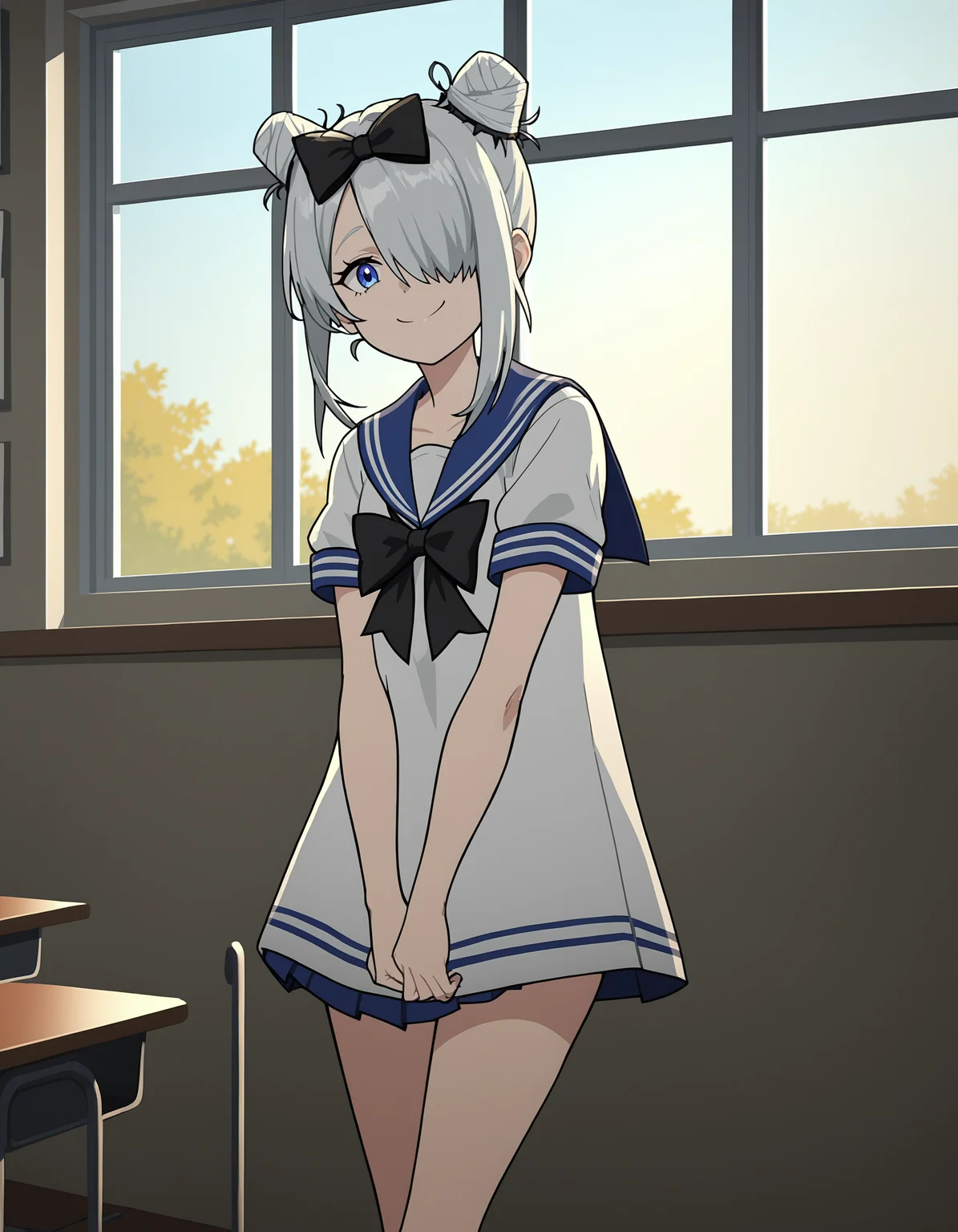 score_9,score_8_up,score_7_up,source_anime,looking at viewer,sailor,sailor skirt,sailor collar,v,legs,classroom,landscape,sunshine,window,smile,
suiyinzi,1girl,solo,hair bun,double bun,blue eyes,white hair,grey hair,braid,long hair,bow,hair bow,black bow,hair over one eye,<lora:suiyinzi_pony:0.7>,<lora:Anime_Screencap:1>,anime screencap,