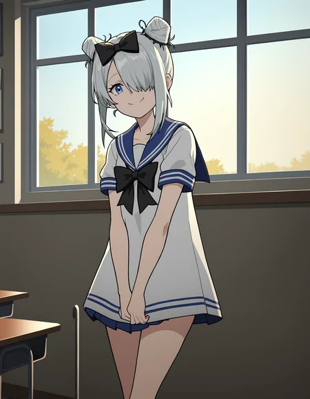 score_9,score_8_up,score_7_up,source_anime,looking at viewer,sailor,sailor skirt,sailor collar,v,legs,classroom,landscape,sunshine,window,smile,
suiyinzi,1girl,solo,hair bun,double bun,blue eyes,white hair,grey hair,braid,long hair,bow,hair bow,black bow,hair over one eye,<lora:suiyinzi_pony:0.7>,<lora:Anime_Screencap:1>,anime screencap,