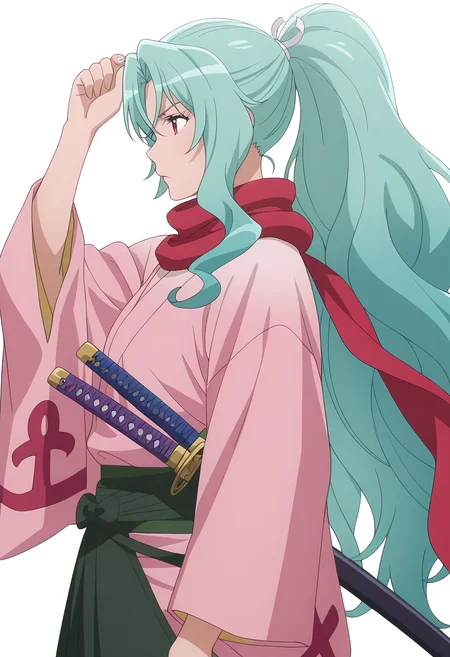 Smooth Quality,masterpiece, ultra realistic,
simple background, white background,
from side,:x,hand on headwear,
 <lora:Tomoecnn:0.8> sofia/cnn, 1girl, long hair, scarf, ponytail, red eyes, japanese clothes, katana, green hair, very long hair,