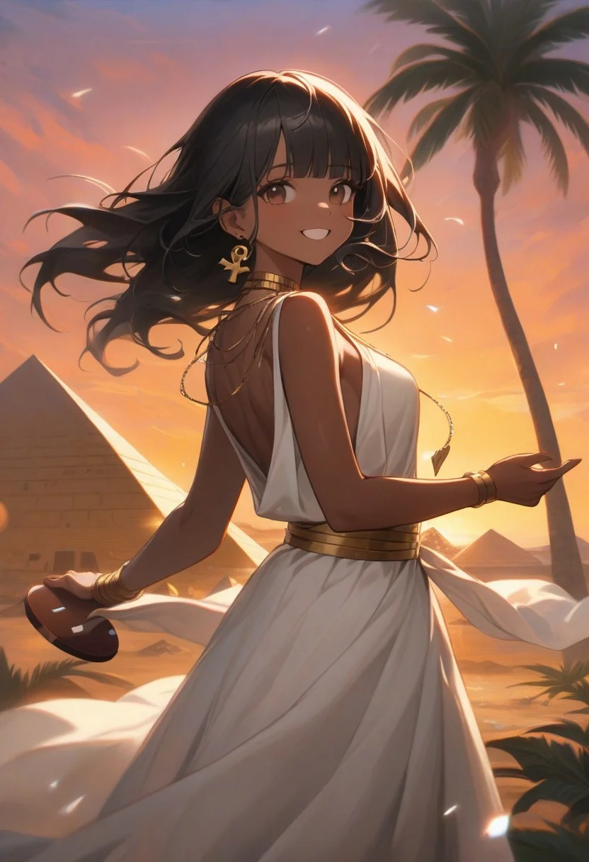 amasterpiece, best quality, amazing quality, girl, black hair, brown eyes, long hair, straight hair, side swept bangs, medium breasts, perfect eyes, 8k, highest quality, ultra details,1girl, solo, perfect brown eyes ,long black hair, small braids,blunt bangs, tan skin, brown skin,long white linen sheeth dress, ancient egyptian dress, gold headpiece, egyptian necklace, gold waist chain, gold earrings, , heart eyes, (ankh:1.2), wink, happy, holding a tamborine, dancing, windy day, hair blowing in the wind, dress blowing in the wind, sunset time, egypt pyramid background, palm trees, looking at viewer, from behind angle, twirling