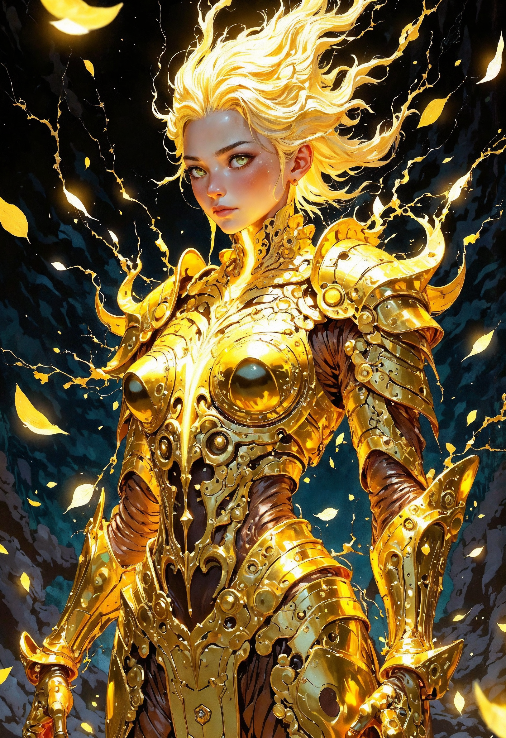 (in Otomo Katsuhiro style:1.2), masterpiece, high-quality, A radiant empress adorned in armor made of molten gold its surface flowing like liquid metal yet perfectly sculpted to her form, Her hair cascades like liquid light illuminating the space around her, She is at the heart of a shattered palace suspended in a twilight void, her gaze commanding as glowing petals drift in the air, ethereal elegance, liquid brilliance, fractured regality, (Stylized anime-fantasy with luminous surreal details:1.1), big natural breasts, (elaborate fine details:1.1), (hyperdetailed:1.1), (intricate details:1.0), (Refined details:1.1), (best quality:1.1), (high resolution:1.2), <lora:FLUX\Anime v1.3:0.6> <lora:FLUX\VividlyReal:0.6> <lora:FLUX\FLUX-daubrez-DB4RZ:0.4>
