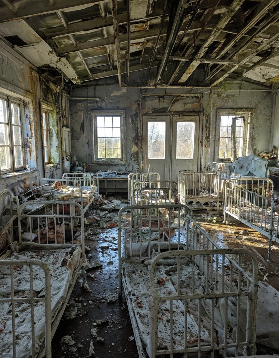 <lora:CW02_Lost_indusin:1> photo, cw02lost, indoors, abandoned, industrial, decay, cribs, broken furniture, derelict, sunlight, destruction, peeling paint, mold, desolation, toys, dolls, debris, shattered, forgotten, ruin, eerie, broken windows, rust, oozing walls, oozing ceiling, moss, trash, vegetation, wet,