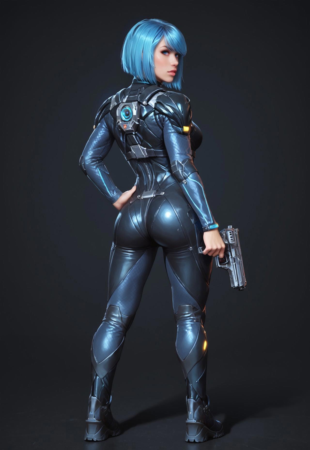 safe_pos, core_9, score_8_up, score_8, semi realistic, ultra detailed, 8k, high quality, hi res, high quality, detailed eyes, perfecteyes, detailed face, 1girl, sharp focus, cowboy-shot, focus on hip, (1girl:1.2), Nyx from Quake Champions, futuristic assassin outfit, pistol in hand, pale skin, long legs, (glowing bobcut blue hair, side bangs), realistic, cinematic angle, cinematic lighting, athletic body, intense face, glowing blue eyes, stealthy pose
BREAK
infiltrating a high-tech corporate facility at night
BREAK
source_sci_fi_art, rating_explicit, expressive, full body, back view, dynamic pose
BREAK
detailed beautiful background, futuristic architecture, neon lights, advanced security systems, holographic displays, dark shadows, tense atmosphere
(full clothed)