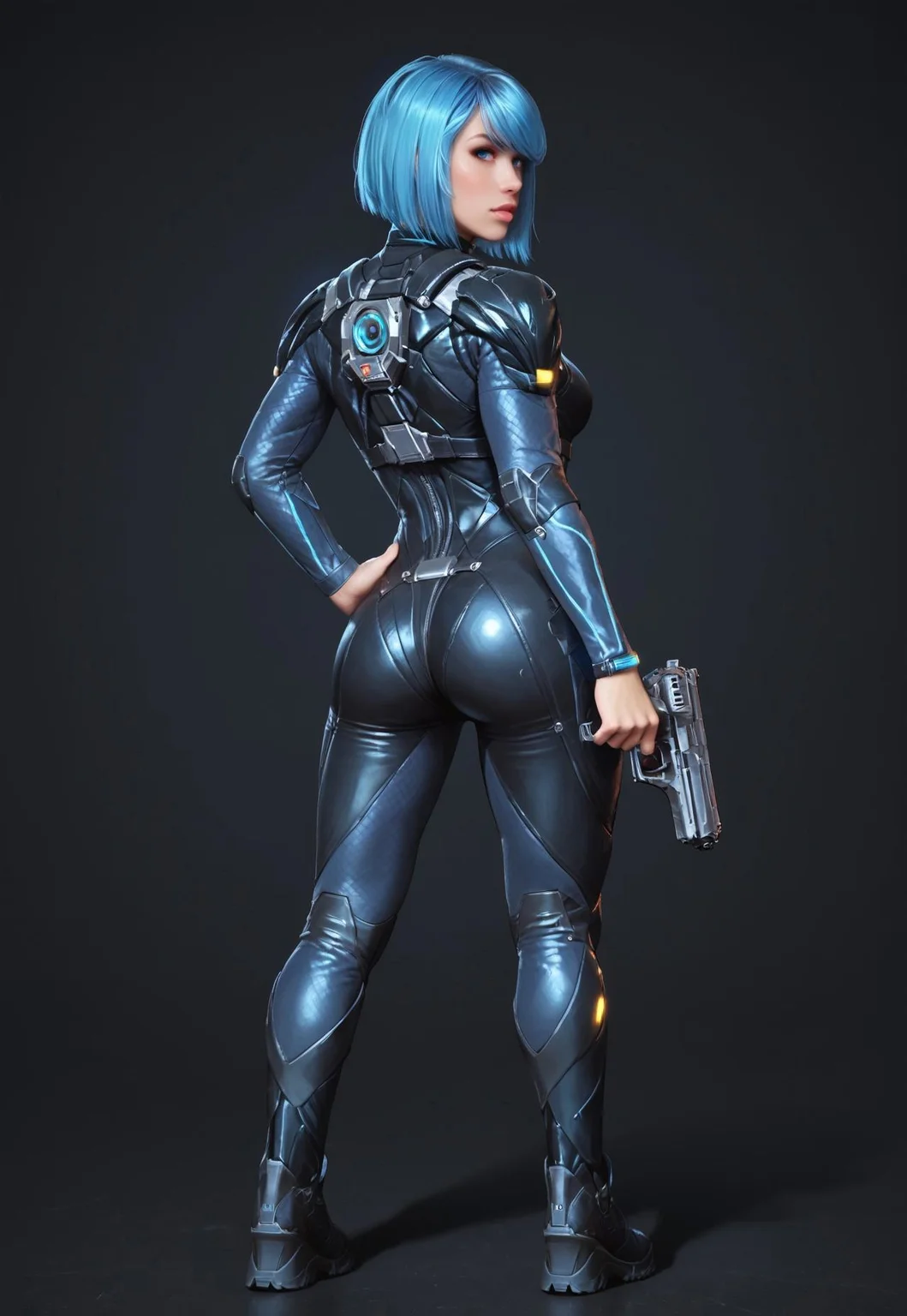 safe_pos, core_9, score_8_up, score_8, semi realistic, ultra detailed, 8k, high quality, hi res, high quality, detailed eyes, perfecteyes, detailed face, 1girl, sharp focus, cowboy-shot, focus on hip, (1girl:1.2), Nyx from Quake Champions, futuristic assassin outfit, pistol in hand, pale skin, long legs, (glowing bobcut blue hair, side bangs), realistic, cinematic angle, cinematic lighting, athletic body, intense face, glowing blue eyes, stealthy pose
BREAK
infiltrating a high-tech corporate facility at night
BREAK
source_sci_fi_art, rating_explicit, expressive, full body, back view, dynamic pose
BREAK
detailed beautiful background, futuristic architecture, neon lights, advanced security systems, holographic displays, dark shadows, tense atmosphere
(full clothed)