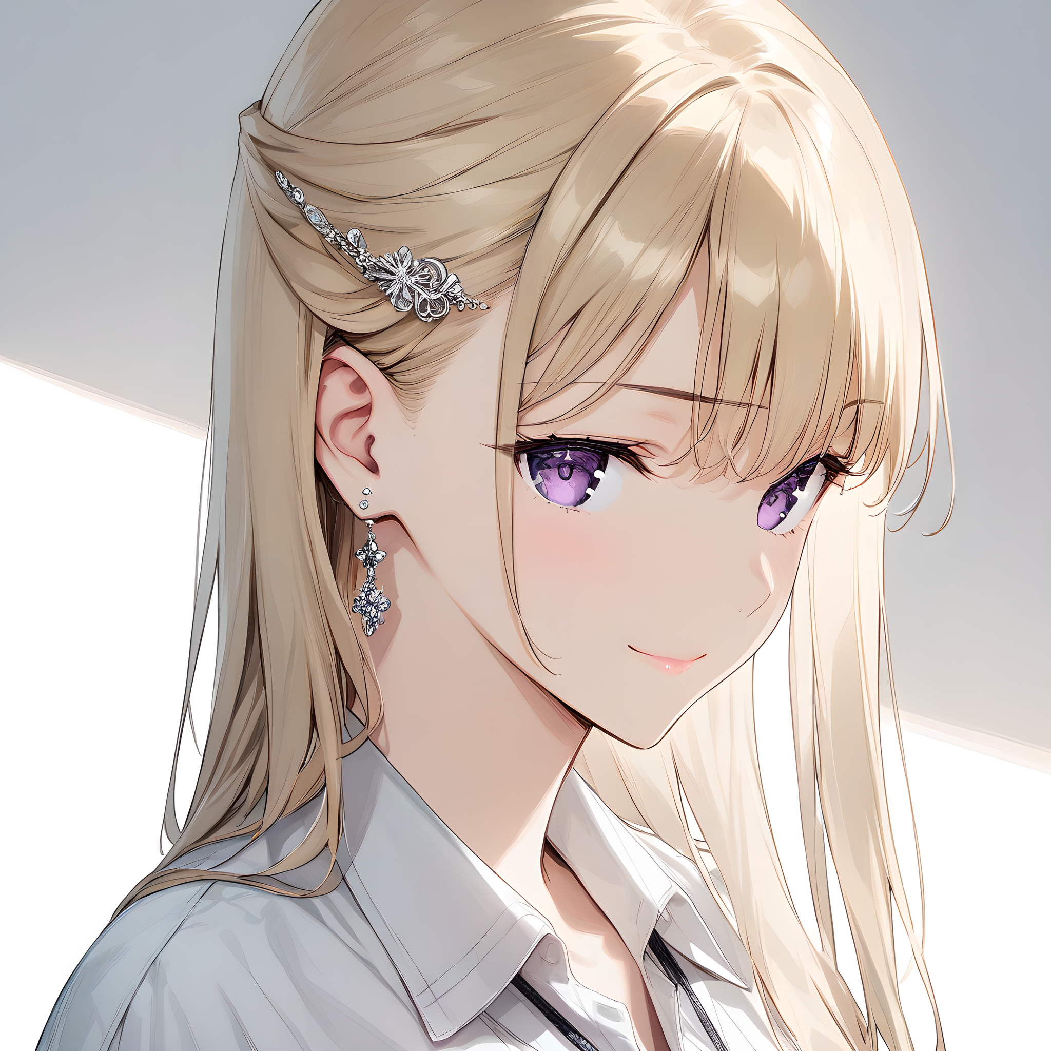(masterpiece),(best quality),(ultra-detailed),(best illustration),(best shadow),(absurdres),(detailed background),(very aesthetic),ayase_saki, 1girl, solo, purple eyes, blonde hair, earrings, white background, jewelry, hair ornament, simple background, long hair, shirt, closed mouth, white shirt, collared shirt, bangs, smile, close-up, portrait, <lora:XL-AyaseSaki:1>