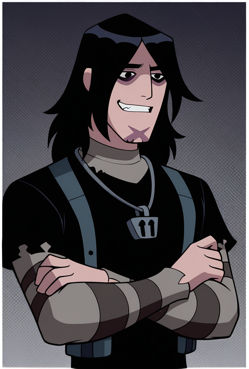 <lora:kevinov-08:1> kevinov, black hair, bags under eyes, long hair, black eyes, necklace, goatee, layered sleeves, black shirt, long sleeves, short over long sleeves, torn clothes, striped sleeves, dynamic pose, smile, clenched teeth, grey background, crossed arms,, upper body, halftone effect, white borders, abstract background:1.2,, masterpiece, best quality, amazing quality, very aesthetic, absurdres, newest,