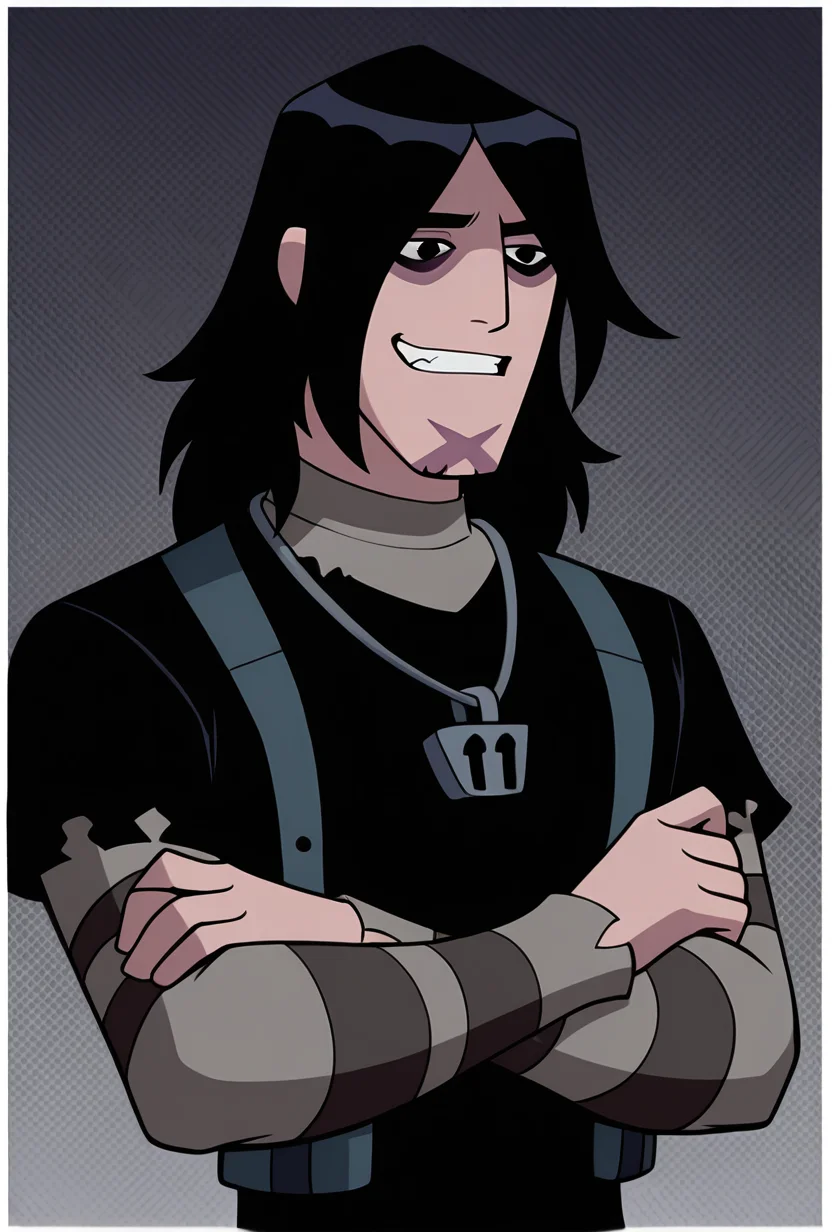 <lora:kevinov-08:1> kevinov, black hair, bags under eyes, long hair, black eyes, necklace, goatee, layered sleeves, black shirt, long sleeves, short over long sleeves, torn clothes, striped sleeves, dynamic pose, smile, clenched teeth, grey background, crossed arms,, upper body, halftone effect, white borders, abstract background:1.2,, masterpiece, best quality, amazing quality, very aesthetic, absurdres, newest,