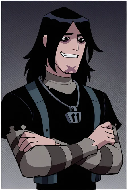<lora:kevinov-08:1> kevinov, black hair, bags under eyes, long hair, black eyes, necklace, goatee, layered sleeves, black shirt, long sleeves, short over long sleeves, torn clothes, striped sleeves, dynamic pose, smile, clenched teeth, grey background, crossed arms,, upper body, halftone effect, white borders, abstract background:1.2,, masterpiece, best quality, amazing quality, very aesthetic, absurdres, newest,