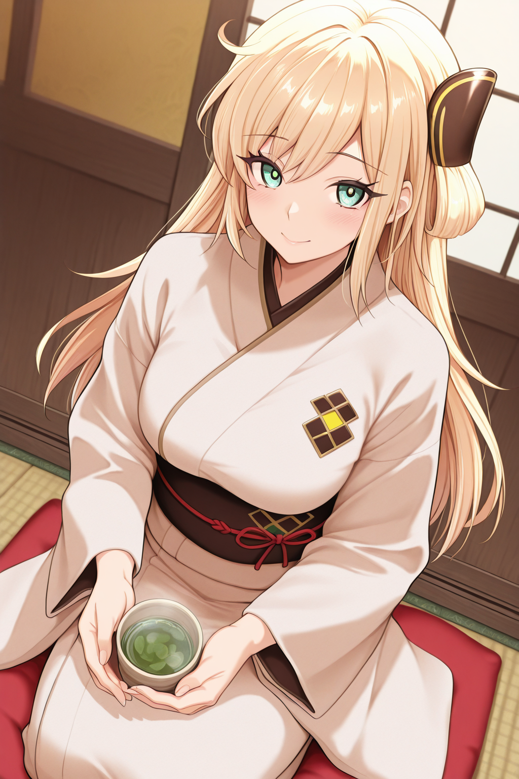 1girl, SkyStrikerAce-RayeYu-Gi-Oh, 
general, solo, perspective, dutch angle, upper body,
long hair, blonde hair, eyelashes,
breasts,
hair ornament,
kimono,
dating, looking at viewer, seiza, holding, 
japan, ryokan, green tea,
<lora:kp_SkyStrikerAce-RayeYu-Gi-OhIllustrious_v1_0:1.0>,
masterpiece, best quality, amazing quality