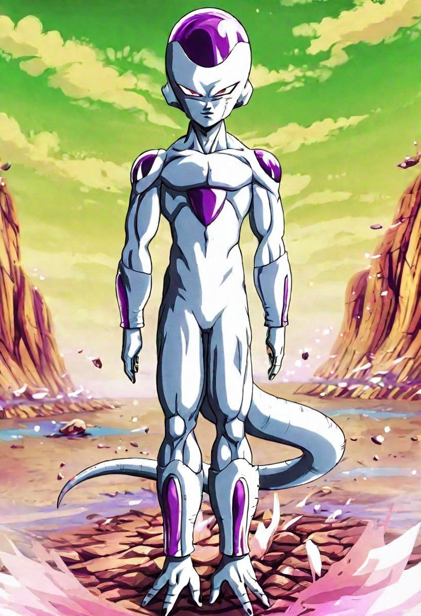 Freezer by Dragon Ball z, serious, Full body, (side view:1.0), beautiful ilustration, masterpiece,  Namek background
