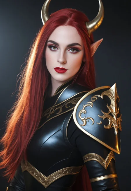 safe_pos, score_9, score_8_up, score_7_up, upscale 2x,(Pov from the side, beautiful, red hair, female elf, red eyes and horns, long hair, large breasts, black lipstick, parted lips, dark black armor with gold glowing details, runesword, on back, the sword is black with gold glowing details, dark in background:1.2) volcanic background
 (8k uhd:1,4)
 <lora:add-detail-xl:1>
 <lora:Dynamic Poses:1>