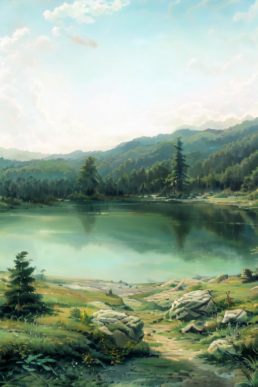 extremely detailed, karelian forest on shore big lake, rocks and cliffs on shores, water as mirror, day, shihing, white clouds, mountain, horizon, mountainous horizon, day, sky, cloud, epic landscapes, show a mystical terrain,