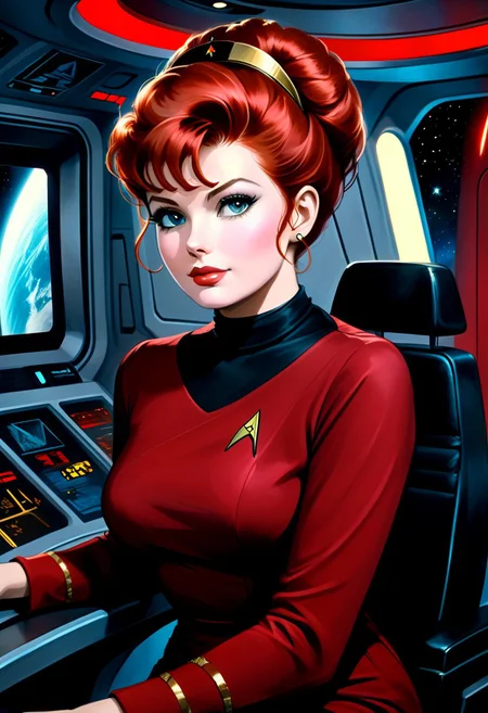 UHD, 8K, ultra detailed, a cinematic photograph of close up portrait alcohol ink painterly fantasy artistic painting of an ultra realistic Captain Lucille Ball, updo red hair with a golden headband, in a red and black starfleet startrek longsleeve minidress, sitting in the Captains chair on the Enterprise, cinematic dreamy atmosphere. intuitive muted colors, soft brush strokes, epic artwork, oil paint texture, glowing effects, spaceship enterior in the background, beautiful lighting, great composition