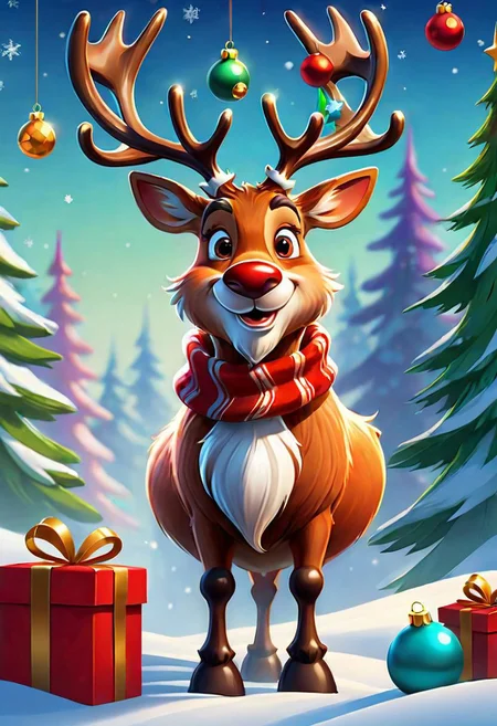 digital art, 8K, HDR, RGB, Ultra HD, close-up,
cartoon style, full-length cartoon character Rudolph, a red-nosed reindeer, wears a scarf, and Christmas balls hang on his antlers, stands with a Christmas gift,
bright rich colors, clipart, golden ratio, storybook illustration, blur, fantasy, digital art,
scene in the style of Jamie Wyeth James Gillard Edward Hopper Greg Rutkowski Studio Ghibli Genshin Impact