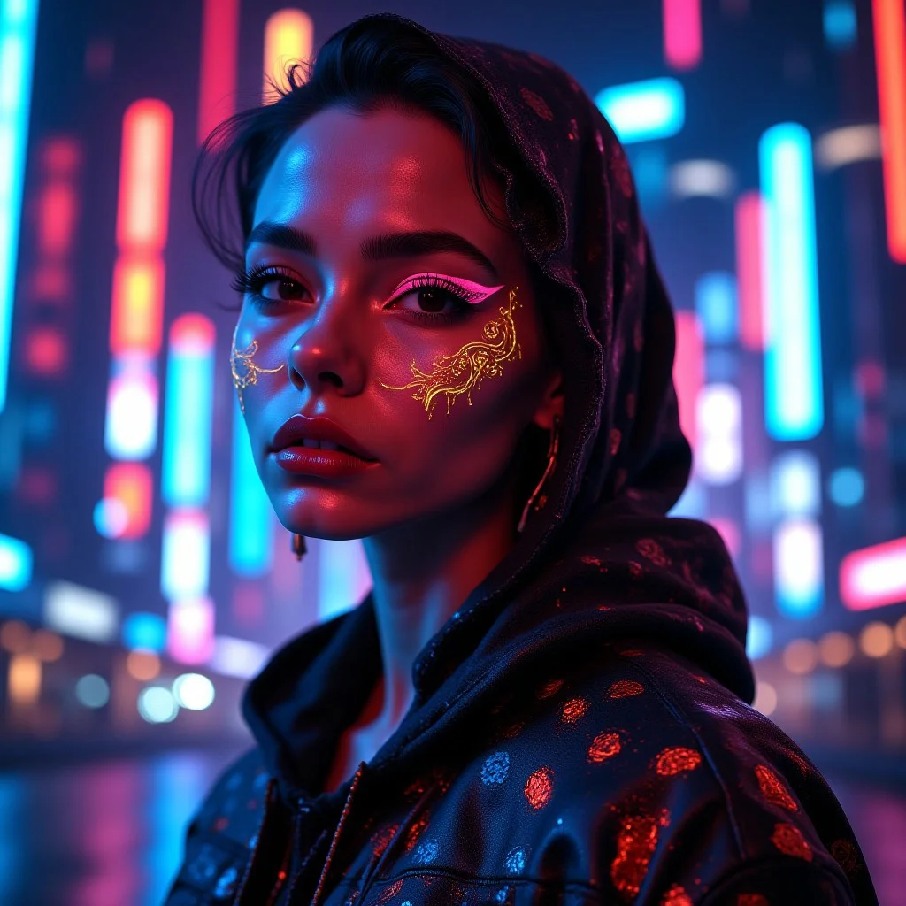 A portrait of A cyberpunk-style face with elegant, glowing neon tattoos, emphasizing simplicity and futurism. The background depicts a futuristic city with a soft blur, emphasizing colorful neon signs and skyscrapers. w3p0rtra1t. <lora:Weird_Portraits-000017:1>