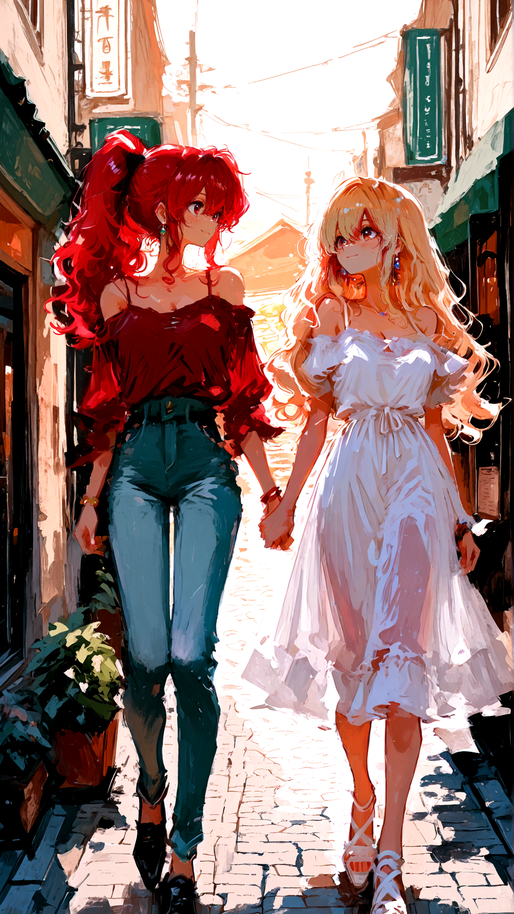 masterpiece, newest,absurdres,incredibly absurdres, best quality, amazing quality, very aesthetic, retro artstyle, 
 2girls, blonde, ponytail, red hair, long wavy hair, holding hands, light smile, pedestrian street, cobblestone, sunset, public, sundress, jeans, off-shoulder shirt, 
<lora:XXX477:0.6> xxx667_illu, <lora:ka_marukogedago:0.6> k4_illu,  <lora:fuyumur4s4ki_style:1> fuyumur4s4ki_illu