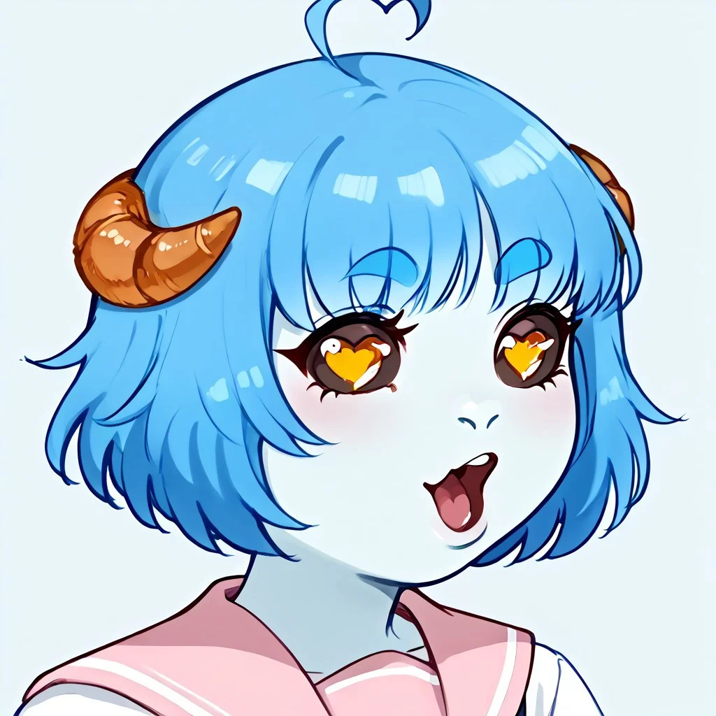score_9, score_8_up,score_7_up, source_anime, pog,, open mouth, portrait,, looking at viewer, , looking to the side,, solo, 1girl, ahoge, short hair, blue hair, colored skin, light blue skin, thick eyebrows, colored sclera, heart-shaped pupils, yellow eyes,  animal ears, furry, white shirt, pink sailor top, croissant hair clip,