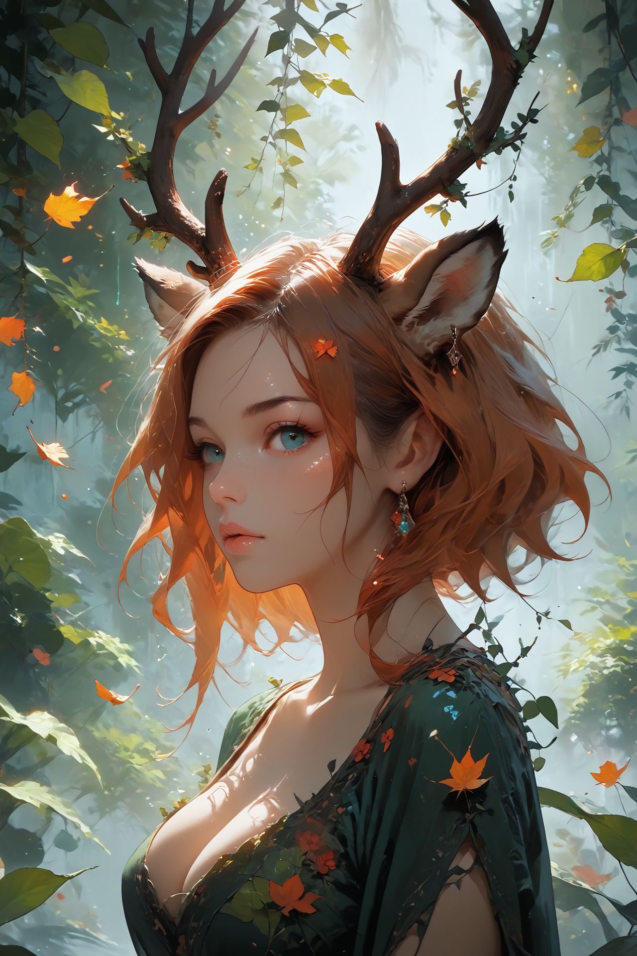 looking at viewer,detailed background,Cinematic Lighting,film grain,score_9,score_8_up,score_7_up,masterpiece,best quality,highly detailed,
<lora:(增强)sdxl_lightning_8step_lora:1>,<lora:glowneon_xl_v1:1>,glowing,<lora:hand 4:1>,hand person,<lora:Expressive_H:0.8>,Expressiveh,<lora:Concept Art Twilight Style SDXL_LoRA_Pony Diffusion V6 XL:0.6>,<lora:th3rm4lXLP:0.4>,th3rm4l,colorful,<lora:4ntl3rsXLP:0.8>,4ntl3rs,antlers,
1girl,animal ears,big breasts,deer ears,earrings,no humans,palmate,solo,upper body,pelt,antlers mix branch,vines,hair vines,leaf,falling leaves,