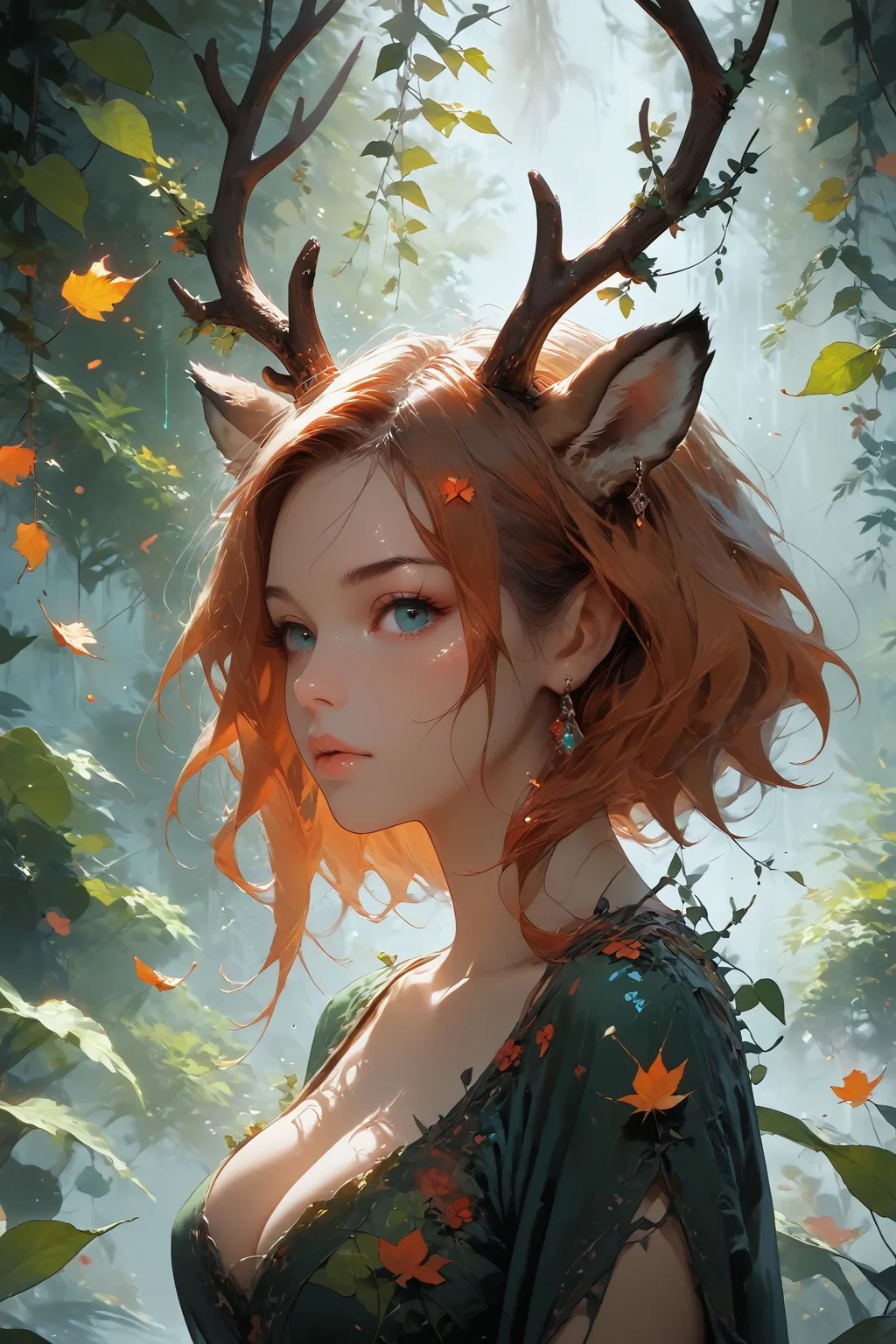 looking at viewer,detailed background,Cinematic Lighting,film grain,score_9,score_8_up,score_7_up,masterpiece,best quality,highly detailed,
<lora:(增强)sdxl_lightning_8step_lora:1>,<lora:glowneon_xl_v1:1>,glowing,<lora:hand 4:1>,hand person,<lora:Expressive_H:0.8>,Expressiveh,<lora:Concept Art Twilight Style SDXL_LoRA_Pony Diffusion V6 XL:0.6>,<lora:th3rm4lXLP:0.4>,th3rm4l,colorful,<lora:4ntl3rsXLP:0.8>,4ntl3rs,antlers,
1girl,animal ears,big breasts,deer ears,earrings,no humans,palmate,solo,upper body,pelt,antlers mix branch,vines,hair vines,leaf,falling leaves,