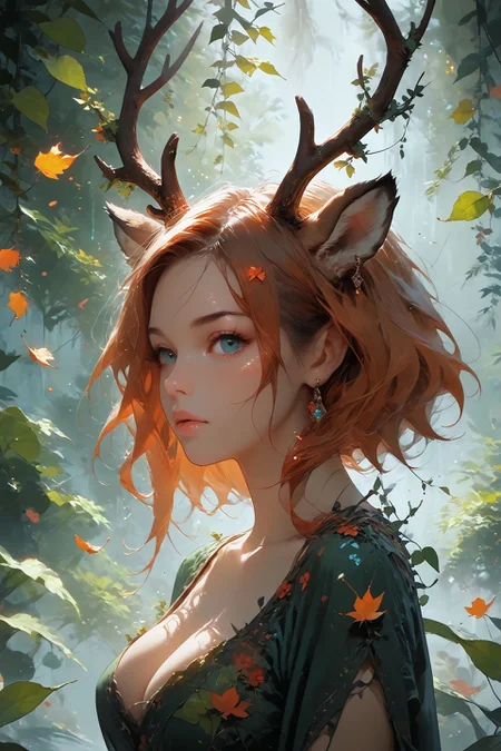 looking at viewer,detailed background,Cinematic Lighting,film grain,score_9,score_8_up,score_7_up,masterpiece,best quality,highly detailed,
<lora:(增强)sdxl_lightning_8step_lora:1>,<lora:glowneon_xl_v1:1>,glowing,<lora:hand 4:1>,hand person,<lora:Expressive_H:0.8>,Expressiveh,<lora:Concept Art Twilight Style SDXL_LoRA_Pony Diffusion V6 XL:0.6>,<lora:th3rm4lXLP:0.4>,th3rm4l,colorful,<lora:4ntl3rsXLP:0.8>,4ntl3rs,antlers,
1girl,animal ears,big breasts,deer ears,earrings,no humans,palmate,solo,upper body,pelt,antlers mix branch,vines,hair vines,leaf,falling leaves,