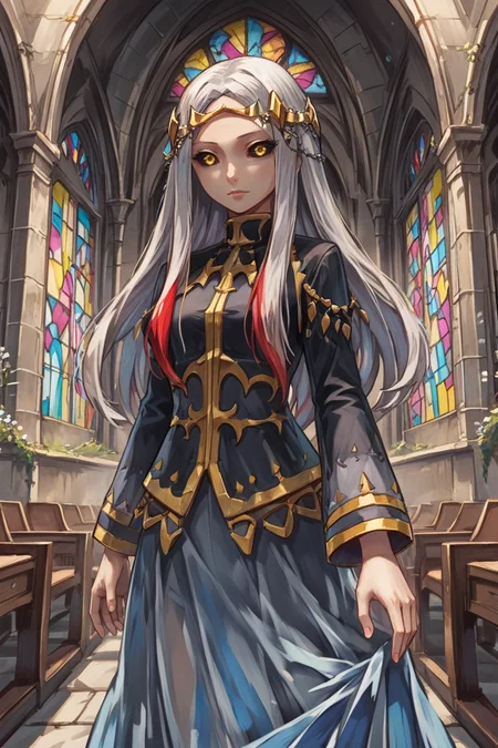 score_9, score_8_up, score_7_up, source anime, BREAK, <lora:Maxwell:0.8> , mxwdef, 1girl, colored sclera, black sclera, yellow eyes, white hair, long hair, multicolored hair, (red highlights), circlet, black dress, black sleeves, gold trim, blue sarong, sarong, see-through sarong, cowboy shot, (cowboy shot), looking at viewer, scenery, interior, <lora:backgroundsetXL:0.2> , background, (solo), neutral expression, <lora:hand 4:0.45> , Hand, hands, perfect hands,   <lora:cr33pp41ntXLP:0.65> , cr33pp41nt, <lora:churchXLP:0.2> , stained glass, church, arch,
