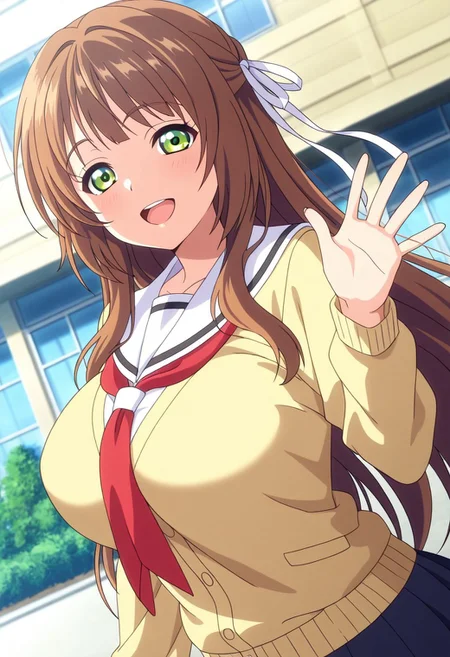 general,highres, ultra-detailed,very aesthetic,best quality ,best hands,best eyes,easynegative,
dynamic anglre, dutch angle, anime cloring,anime screencap,
1girl solo,looking at viewer,school, outdoors, waving hand, smile, open mouth,
Suzuna Azuma,brown_hair, long_hair, hair ribbon, white ribbon, green_eyes, huge_breasts,school uniform,