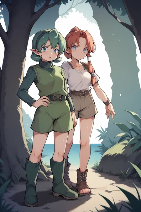 2girls, 1girl, outdoors, jungle, blushing, hands on own hips, cowboy shot, looking at viewer, <lora:saria-v4_pdxl:1> , saria, sweater, turtleneck, ribbed sweater, belt, boots, green footwear, <lora:senbei_avocadochaya_XL:1>
2girls, outdoors, jungle, 1girl, <lora:RiesArgent:0.9> , Ries Argent, aqua eyes, red hair, hair tubes, hair over shoulder, sidelocks, medium breasts,
score_9, score_8_up, score_7_up, score_6_up, score_5_up, score_4_up, source_anime, masterpiece