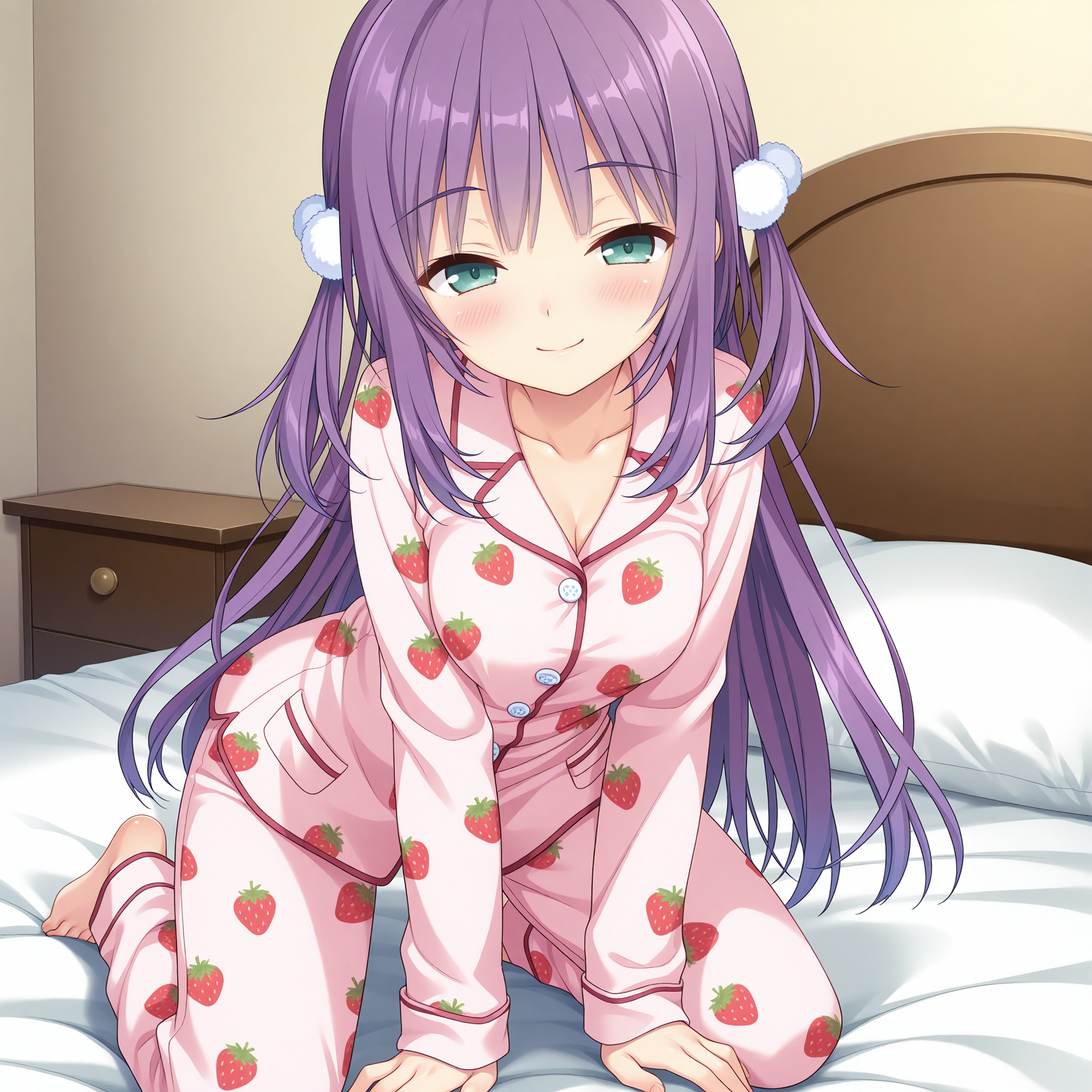 <lora:Kagaya_Yuna_1_nai-000046:1>,Kagaya Yuna,
two side up,pom pom hair ornament,white ornament,strawberry print,long sleeves,pink pajamas,print pajamas,pink pants,
BREAK
1girl,solo,smile,on bed,kneeling,arm support,blush,half-closed eyes,front view,looking_at_viewer,face_focus,