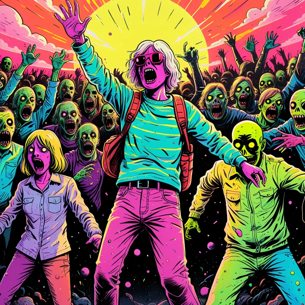<lora:Psychedelic Vibes - Trigger with Psychvibes Artstyle:1> In this scene from a new horror movie, is seen fighting off a horde of zombies. The style is horror, high contrast lighting, handheld camera. , psychvibes artstyle