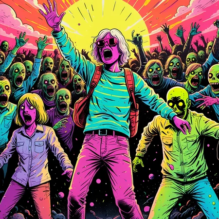 <lora:Psychedelic Vibes - Trigger with Psychvibes Artstyle:1> In this scene from a new horror movie, is seen fighting off a horde of zombies. The style is horror, high contrast lighting, handheld camera. , psychvibes artstyle
