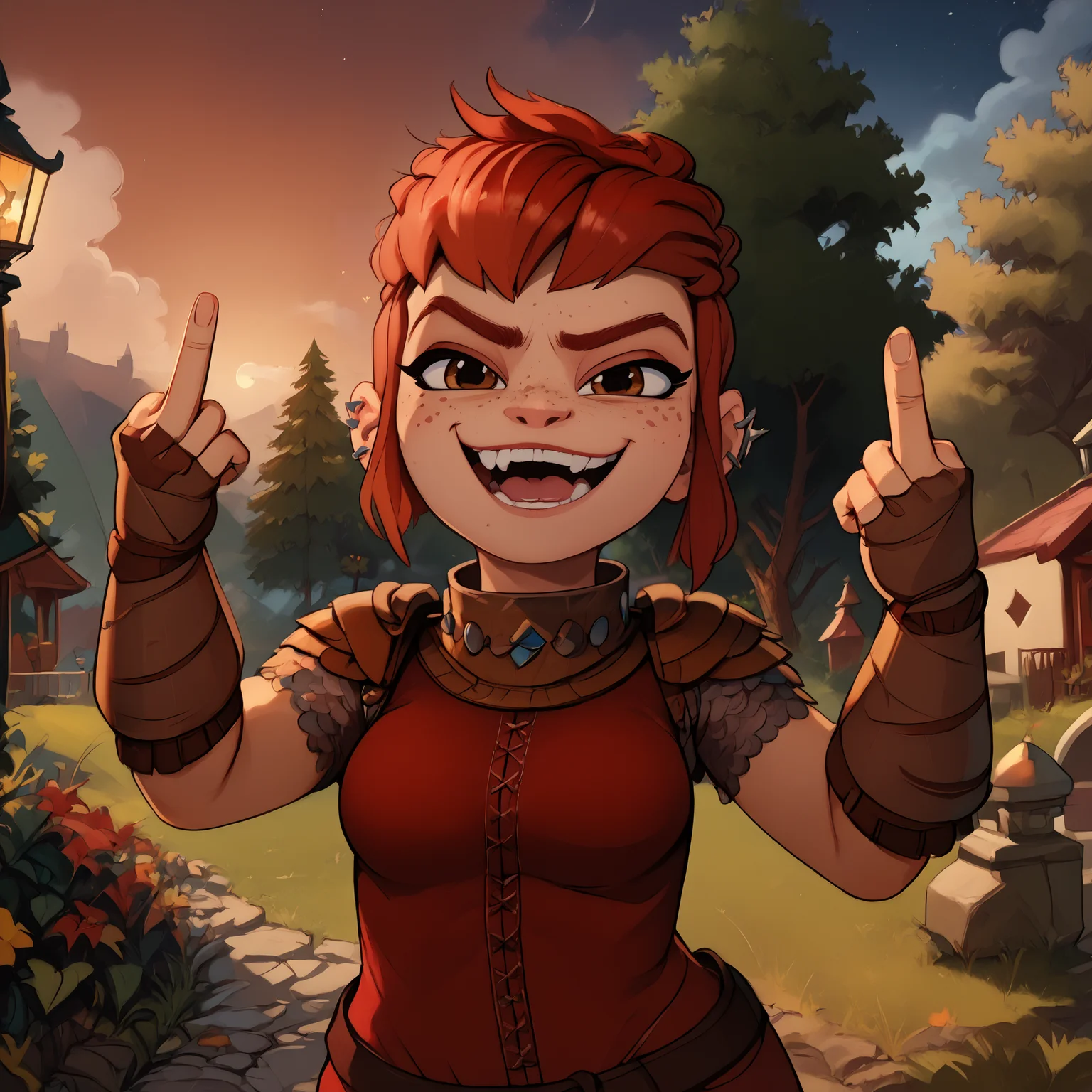 score_9, score_8_up, score_7_up, (emphasized-details:1.3), good_hands, better_hands, fckYou, middle finger, NimonaXL, short red hair, sidelocks, brown eyes, freckles, smug, smiling, open mouth, ear piercing, miniskirt, red tunic, looking at viewer, (fingerless gloves:1.3), shoulder armor, medium breasts, slender torso, standing, cowboy shot, night, outdoors, beautiful nature landscape, in a forest, numerous trees in background, <lora:NimonaXL-11:0.9> <lora:pony_good_hands:1> <lora:PonyXL-FkckU-Finger-11:1> <lora:detailed_notrigger:2>