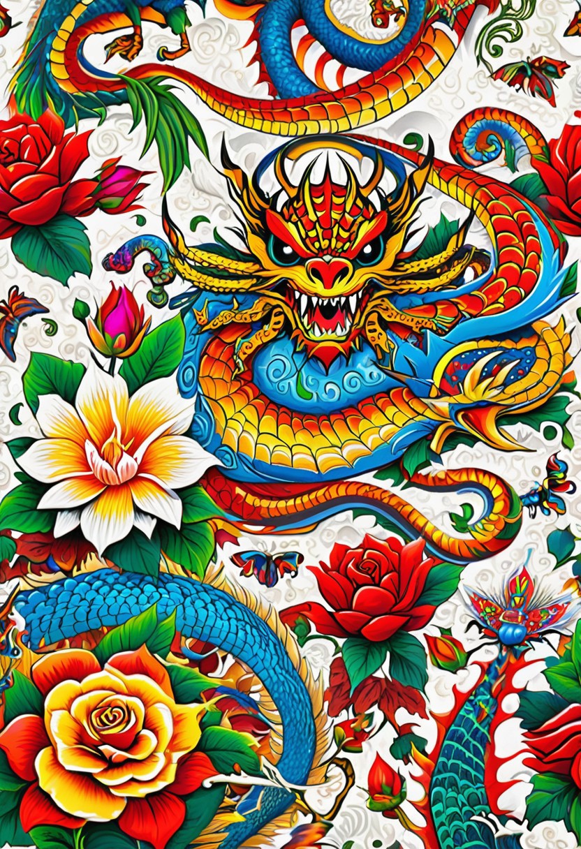 detailed colorful bright and bold collage extra quality , ED Hardy tattoo artwork ,Ed hardy  look alike art,  mean, (((fountain of youth  , seamless collage, mandala,  wallpaper  )) illistrations, complete bold art work and characters, solid lines,  easily distinguishable , distinguishable easily witnessed and convincing artwork masterwork, cartoon, illistrations,  big bold art , lots of flowers, spiders, ribbons, and flying sparrows, knives,   crosses, roses, dragons, chinese dragons  snails in the backgrounds
masterpiece, excellent work,  full pages ,digital art,  3D like artwork, popping from the screen, perfection,  perfect art, perfect digital art work, bold crisp white background