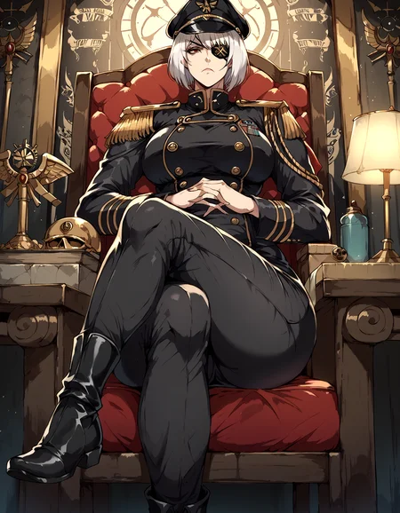 score_9, score_8_up, score_7_up, score_6_up, source_anime, masterpiece, detailed, refined, 1girl, solo, (mature female), warhammer 40000, detailed background, bunker, lamp, table, crates, black military uniform, black militarty cap, (epaulettes), (pants), knee boots, serious expression, white hair, bob cut, red eyes, eyepatch, sittinbg on chair, legs crossed