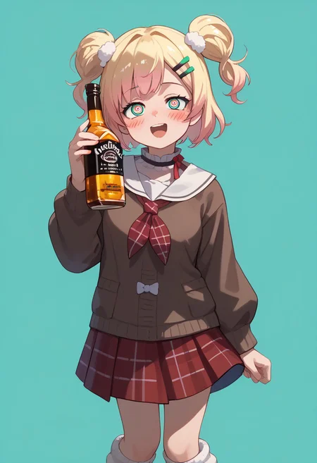 masterpiece,
best quality,
score_9,
score_8_up,
score_7_up,
anatomically correct,
highly visible,
source_anime,
mint background,
spotlight,
1girl,
solo,
NeneCasual,
twin tail,
pom pom hair ornament,
hairclip,
brown sweater,
white sailor collar,
red neckerchief,
red skirt,
plaid skirt,
loose socks,
loafers,
holding jack daniels whisky bottle,
(spiral eyes),
drunk,
Stagger,