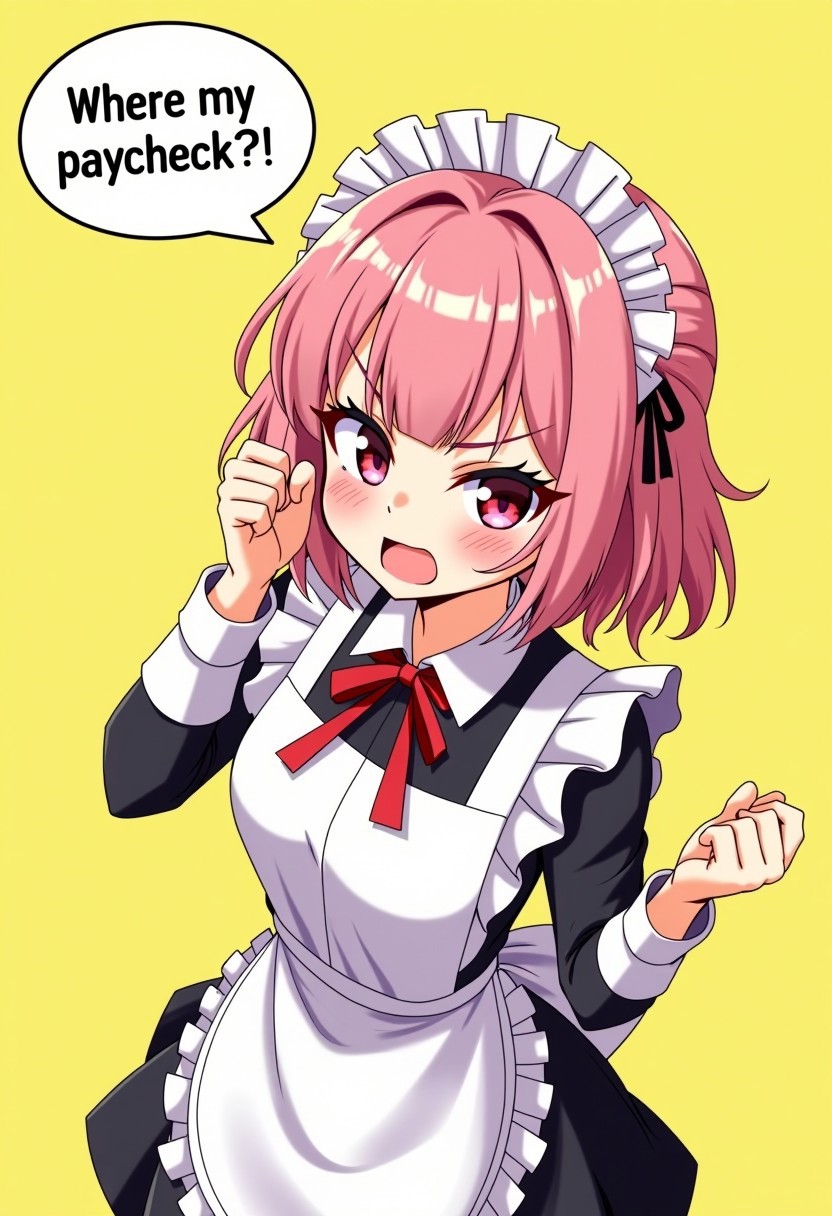 aidmatextimprover, kawaii anime art style, high angle, extreme perspective,  beautiful maid girl looks at viewer angrily and speaks, text: "Where's my paycheck?", speech bubble, pop-art background, masterpiece, angry, perfect female anatomy